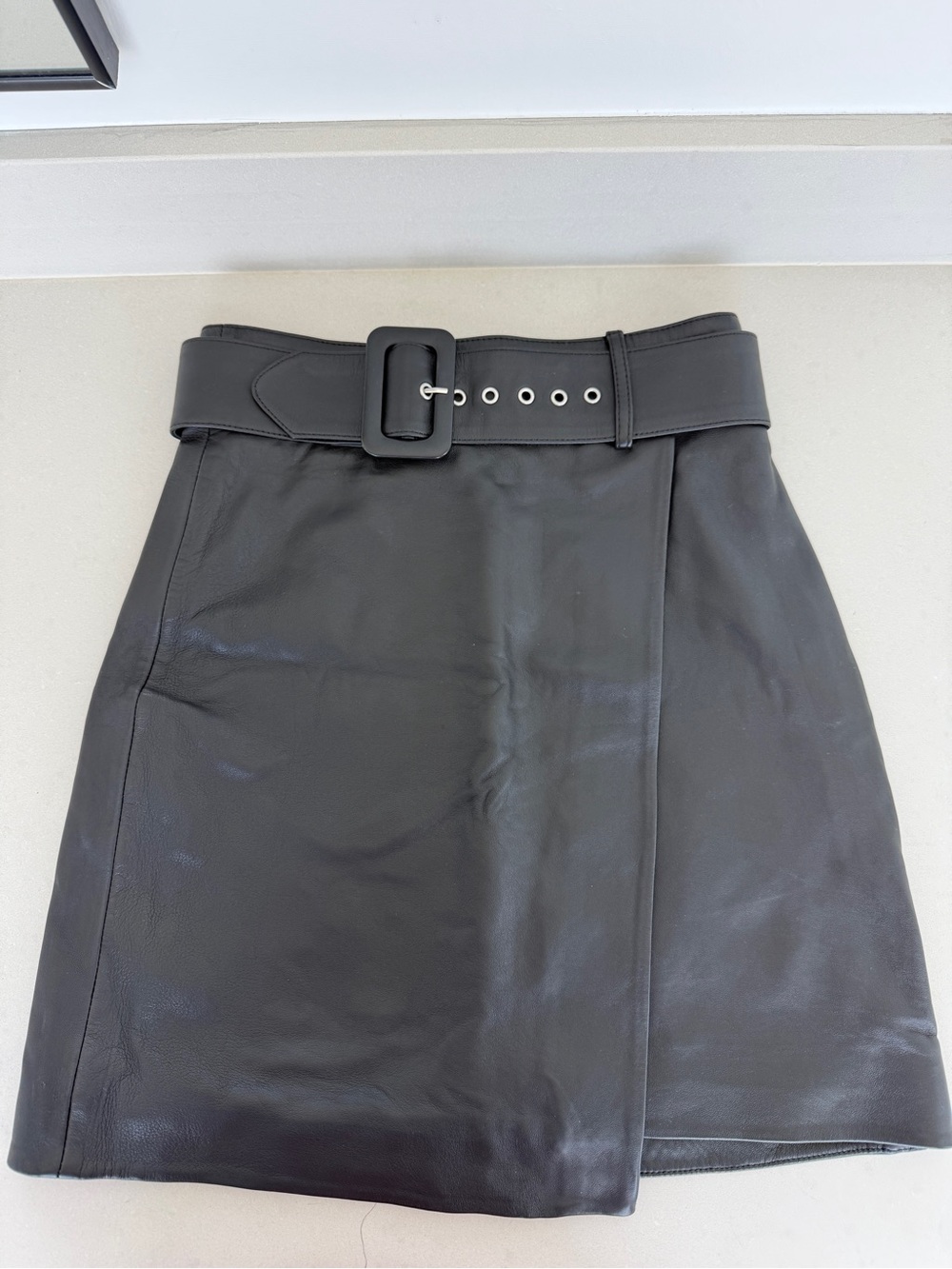 & Other Stories Black Nappa Leather Belted Wrap Mini Skirt 0